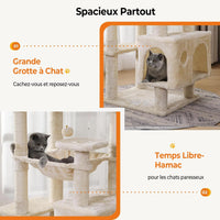 160 cm Arbre à Chat à Plusieurs Étages avec 2 Plateformes 2 Grottes à Chat 1 Hamac et Poteaux en Sisal Beige - FR.SIKAIC