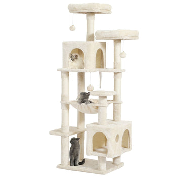 160 cm Arbre à Chat à Plusieurs Étages avec 2 Plateformes 2 Grottes à Chat 1 Hamac et Poteaux en Sisal Beige - FR.SIKAIC