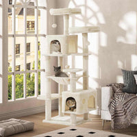 160 cm Arbre à Chat à Plusieurs Étages avec 2 Plateformes 2 Grottes à Chat 1 Hamac et Poteaux en Sisal Beige - FR.SIKAIC
