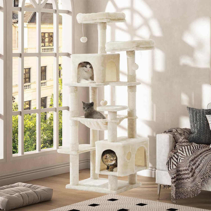 160 cm Arbre à Chat à Plusieurs Étages avec 2 Plateformes 2 Grottes à Chat 1 Hamac et Poteaux en Sisal Beige - FR.SIKAIC