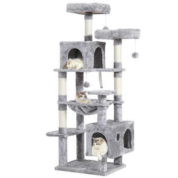 160 cm Arbre à Chat à Plusieurs Étages avec 2 Plateformes 2 Grottes à Chat 1 Hamac et Poteaux en Sisal Gris Clair - FR.SIKAIC
