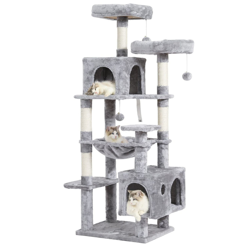 FR.SIKAIC Arbre à Chat Gris Clair / Bois，Sisal / Moderne 160 cm Arbre à Chat à Plusieurs Étages avec 2 Plateformes 2 Grottes à Chat 1 Hamac et Poteaux en Sisal Gris Clair