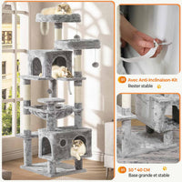 160 cm Arbre à Chat à Plusieurs Étages avec 2 Plateformes 2 Grottes à Chat 1 Hamac et Poteaux en Sisal Gris Clair - FR.SIKAIC