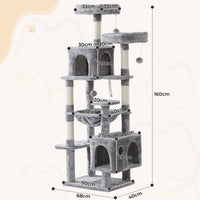 160 cm Arbre à Chat à Plusieurs Étages avec 2 Plateformes 2 Grottes à Chat 1 Hamac et Poteaux en Sisal Gris Clair - FR.SIKAIC