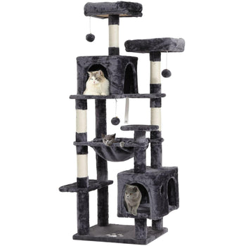 160 cm Arbre à Chat à Plusieurs Étages avec 2 Plateformes 2 Grottes à Chat 1 Hamac et Poteaux en Sisal Gris Foncé - FR.SIKAIC