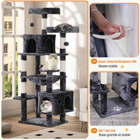 160 cm Arbre à Chat à Plusieurs Étages avec 2 Plateformes 2 Grottes à Chat 1 Hamac et Poteaux en Sisal Gris Foncé - FR.SIKAIC
