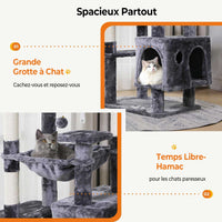 160 cm Arbre à Chat à Plusieurs Étages avec 2 Plateformes 2 Grottes à Chat 1 Hamac et Poteaux en Sisal Gris Foncé - FR.SIKAIC