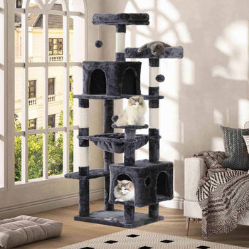 160 cm Arbre à Chat à Plusieurs Étages avec 2 Plateformes 2 Grottes à Chat 1 Hamac et Poteaux en Sisal Gris Foncé - FR.SIKAIC