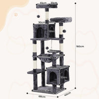 160 cm Arbre à Chat à Plusieurs Étages avec 2 Plateformes 2 Grottes à Chat 1 Hamac et Poteaux en Sisal Gris Foncé - FR.SIKAIC