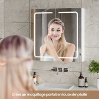 2 Portes Armoire de Salle de Bain avec Miroir LED Étagères Réglables et Rangement Blanc - FR.SIKAIC