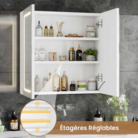 2 Portes Armoire de Salle de Bain avec Miroir LED Étagères Réglables et Rangement Blanc - FR.SIKAIC