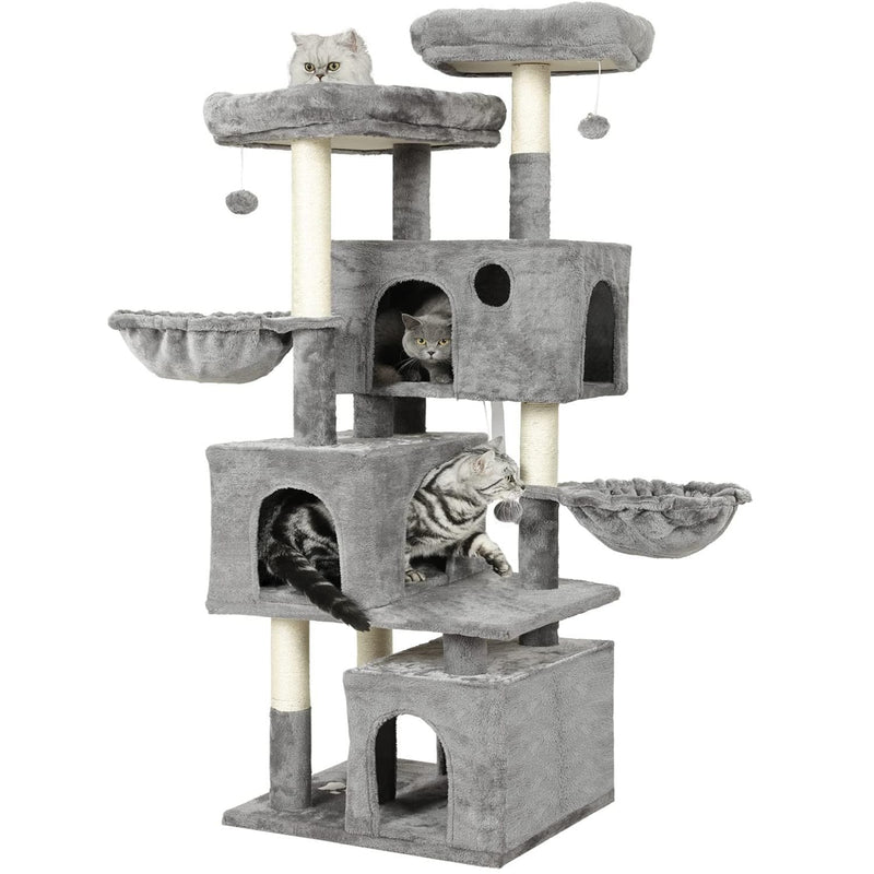 FR.SIKAIC Arbre à Chat Gris clair / Moderne Arbre à Chat Grimpant Robuste 156 cm avec 2 Plateformes 3 Grottes à chat et 2 Paniers Gris clair