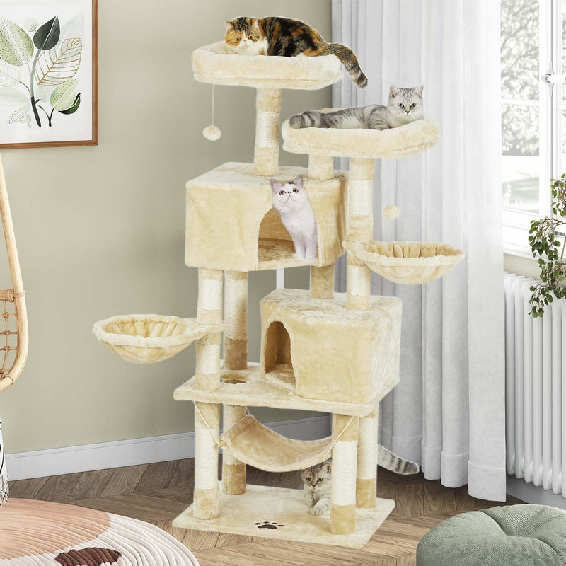 FR.SIKAIC Arbre à Chat Beige / Moderne Arbre à Chat Robuste pour Grands Chats 145 cm avec Grande Grotte Poteaux en Sisal Arbre à Chat en Sisal Naturel Beige