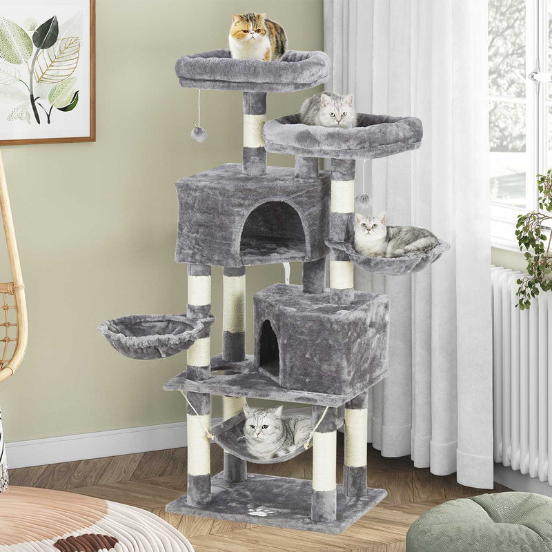 FR.SIKAIC Arbre à Chat Gris Clair / Moderne Arbre à Chat Robuste pour Grands Chats 145 cm avec Grande Grotte Poteaux en Sisal Arbre à Chat en Sisal Naturel Gris clair