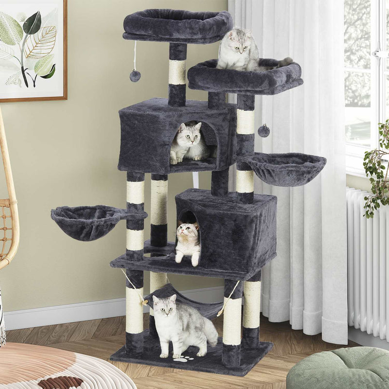 FR.SIKAIC Arbre à Chat Gris Foncé / Moderne Arbre à Chat Robuste pour Grands Chats 145 cm avec Grande Grotte Poteaux en Sisal Arbre à Chat en Sisal Naturel Gris foncé