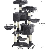 145 cm Arbre à Chat Robuste pour Grands Chats avec Grande Grotte Poteaux en Sisal Arbre à Chat en Sisal Naturel Gris foncé - FR.SIKAIC
