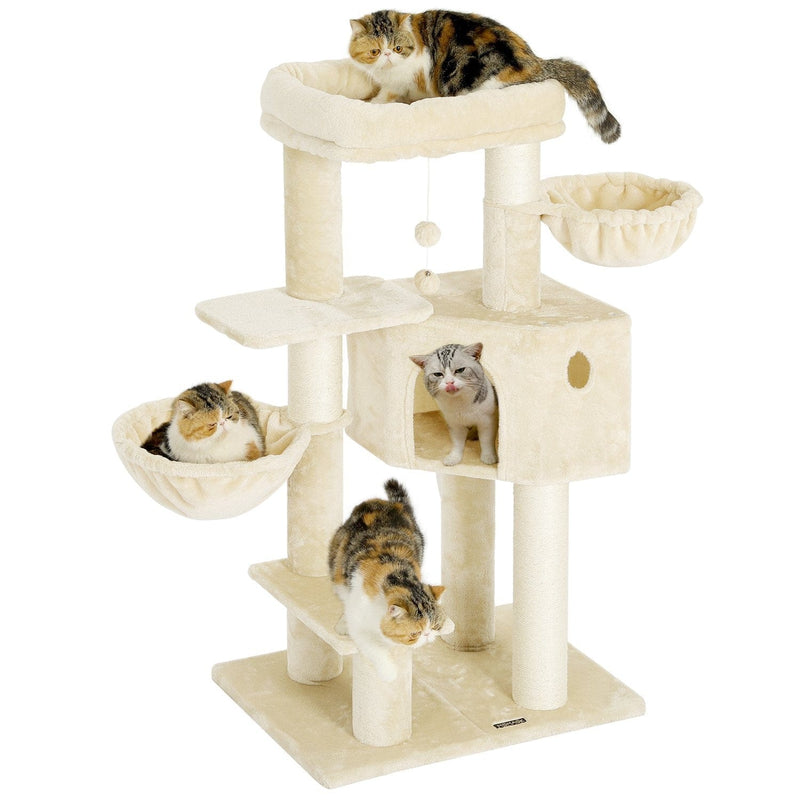 FR.SIKAIC Arbre à Chat Beige / Moderne Arbre à Chat Stable 120 cm avec Troncs Extra épais avec Grande Plateforme d'observation Beige