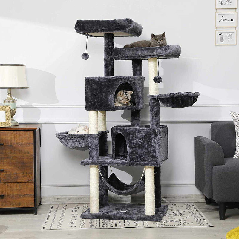 FR.SIKAIC Arbre à Chat Gris foncé / Moderne Arbre à Chat Stable pour Grands Chats 153 cm avec Grands Troncs en Sisal Naturel Gris foncé