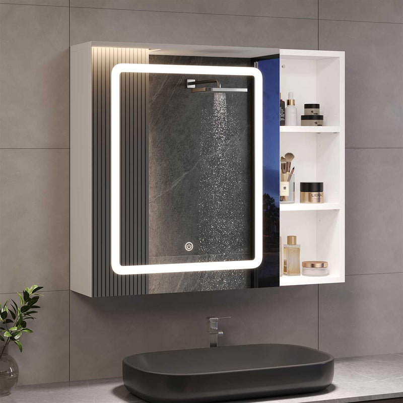 FR.SIKAIC Armoires de Toilette Blanc Armoire de Toilette avec Éclairage LED, Étagère réglable et espace de Rangement ouvert, Blanc, 70 x 16 x 60 cm