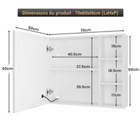 70 cm Armoire de Toilette avec Éclairage LED Étagère réglable et espace de Rangement ouvert Blanc - FR.SIKAIC
