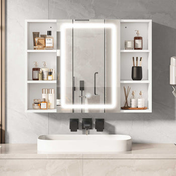 80 cm Armoire de toilette avec LED 4 Étagères Ouvertes Latérales Réglables et Prise Blanc - FR.SIKAIC