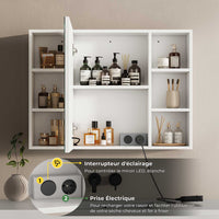 80 cm Armoire de toilette avec LED 4 Étagères Ouvertes Latérales Réglables et Prise Blanc - FR.SIKAIC