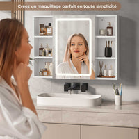 80 cm Armoire de toilette avec LED 4 Étagères Ouvertes Latérales Réglables et Prise Blanc - FR.SIKAIC