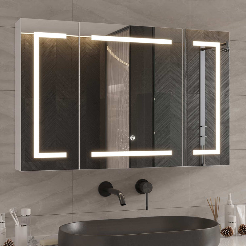 FR.SIKAIC Armoires de Toilette Blanc / Moderne / Métal Armoire de Toilette avec Miroir de Salle de Bain avec Éclairage LED et Prise Blanc 100 x 60 x 13,5 cm