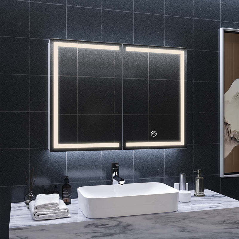 FR.SIKAIC Armoires de Toilette Blanc / Moderne / Métal Armoire de Toilette avec Miroir de Salle de Bain avec Prise D'éclairage LED Double Porte Miroir Blanc 80 × 13,5 × 60 cm