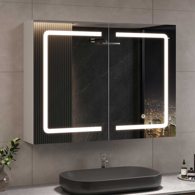 FR.SIKAIC Armoires de Toilette Blanc / Moderne Armoire Miroir de Salle de Bain avec Éclairage LED et Prise, Étagères Réglables, Blanc, 70 x 16 x 60 cm