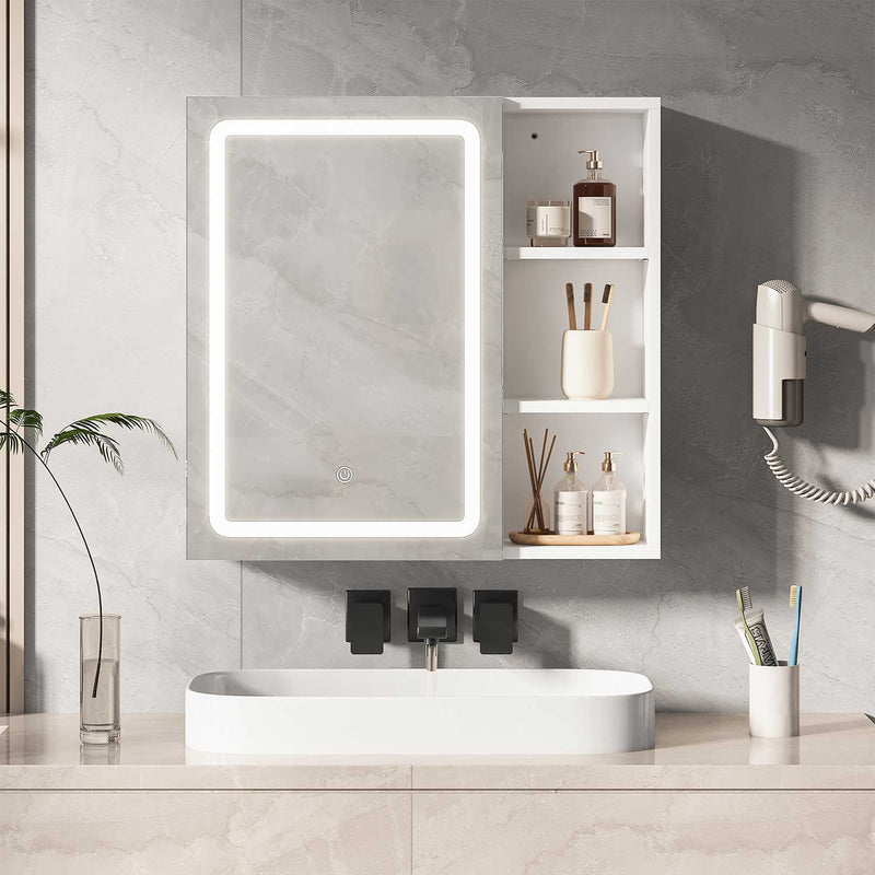 FR.SIKAIC Armoires de Toilette Blanc / Moderne Armoire Miroir de Salle de Bain avec LED, 2 Étagères Ouvertes Latérales Réglables, 15 x 60 x 60 cm, Blanc