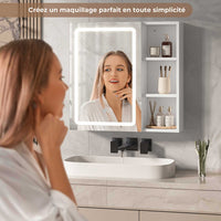 FR.SIKAIC Armoires de Toilette Blanc / Moderne Armoire Miroir de Salle de Bain avec LED, 2 Étagères Ouvertes Latérales Réglables, 15 x 60 x 60 cm, Blanc