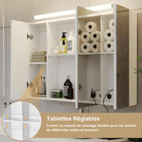 90 cm Armoire Miroir Salle de Bain avec 3 Portes Miroir éclairage LED et Prises Blanc - FR.SIKAIC