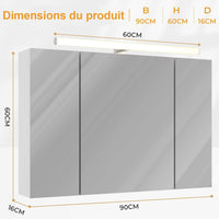 90 cm Armoire Miroir Salle de Bain avec 3 Portes Miroir éclairage LED et Prises Blanc - FR.SIKAIC