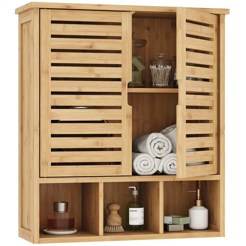 FR.SIKAIC Armoires de Salle de Bain Naturelle / Classique Armoire Murale de Salle de bain en Bois avec 2 Portes et Étagères réglables Naturelle 21 × 59 × 67 cm