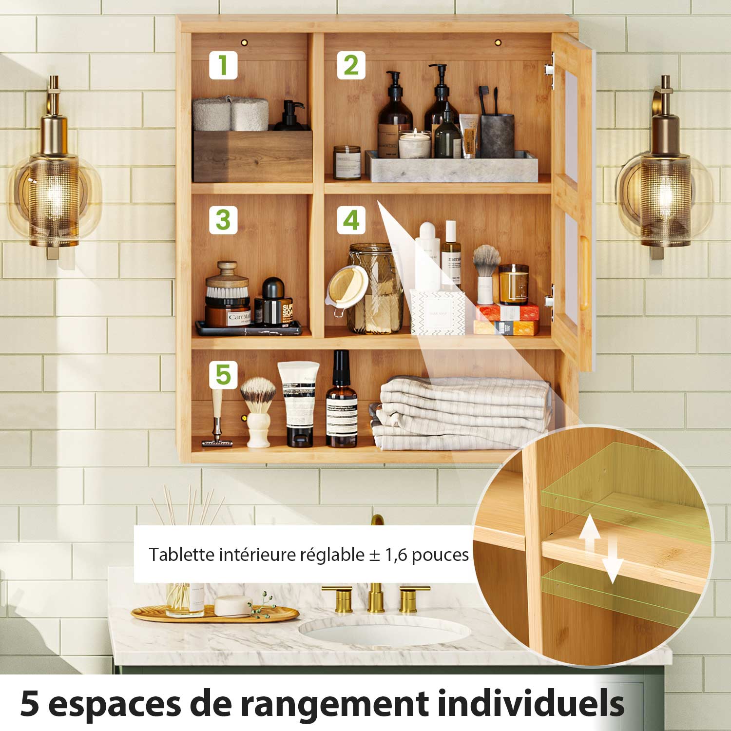 Armoire Salle De Bain Avec Miroir En Bambou – 2 Portes, 2 étagères Réglables, Design Mural (65x14x50,5 Cm)