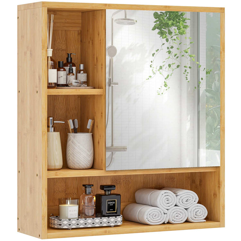 FR.SIKAIC Armoires de Toilette Bambou / Classique / Métal Armoire Murale pour Salle de Bain avec Miroir et Étagère Réglable Bambou 16 x 54,86 x 60,96 cm