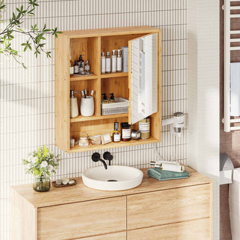 55 cm Armoire Murale pour Salle de Bain avec Miroir et Étagère Réglable Bambou - FR.SIKAIC