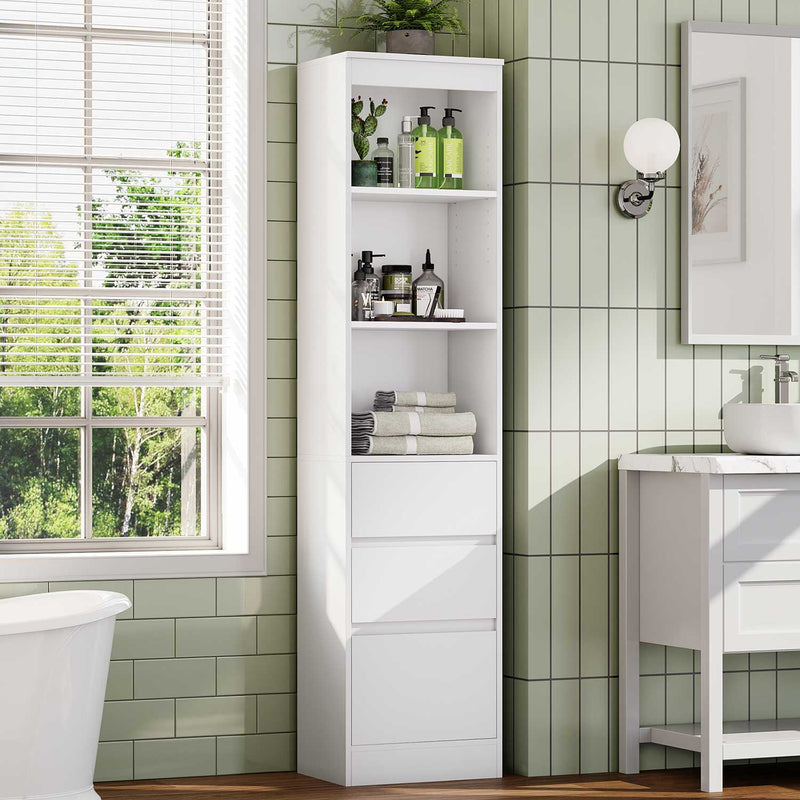 FR.SIKAIC Armoires de Salle de Bain Blanc / Bois d'ingénierie / Moderne Armoire Salle de Bain Rangement avec 3 Tiroirs et 3 Compartiments Ouverts Blanc