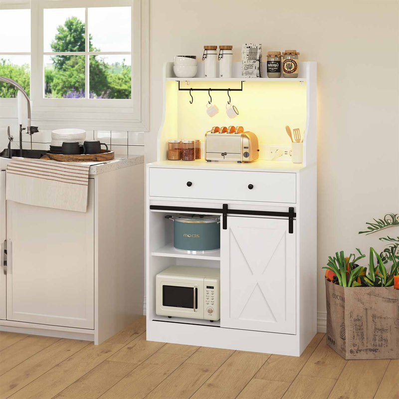 FR.SIKAIC Armoire de cuisine Blanc / Moderne Armoires de Cuisine avec LED, Multiprise, Plan de Travail, Grand Tiroir et Étagères Réglables, 70 x 40 x 135 cm, Blanc