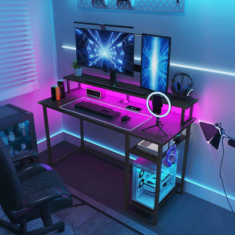 FR.SIKAIC Bureau gaming Noir / Moderne Bureau Gaming avec LED, Prise de Courant, 2 Crochets, Étagères Réglables, 120 cm, Noir