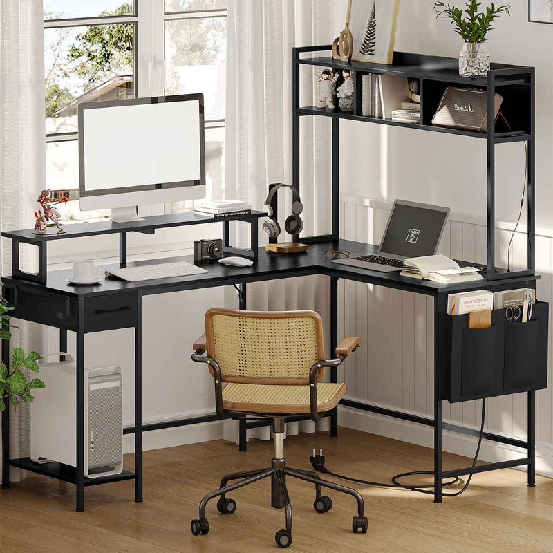 FR.SIKAIC Bureau gaming Noir / Moderne Bureau Gaming LED avec rangement, multiprise, support d'écran, étagère et tiroir, Noir