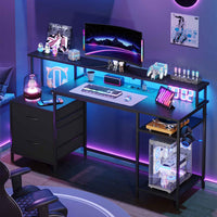 Bureau Gaming LED Réversible avec Multiprises Étagère Réglable 2 Tiroirs support d'imprimante support de Moniteur Noir - FR.SIKAIC