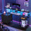 Bureau Gaming LED Réversible avec Multiprises Étagère Réglable 2 Tiroirs support d'imprimante support de Moniteur Noir - FR.SIKAIC