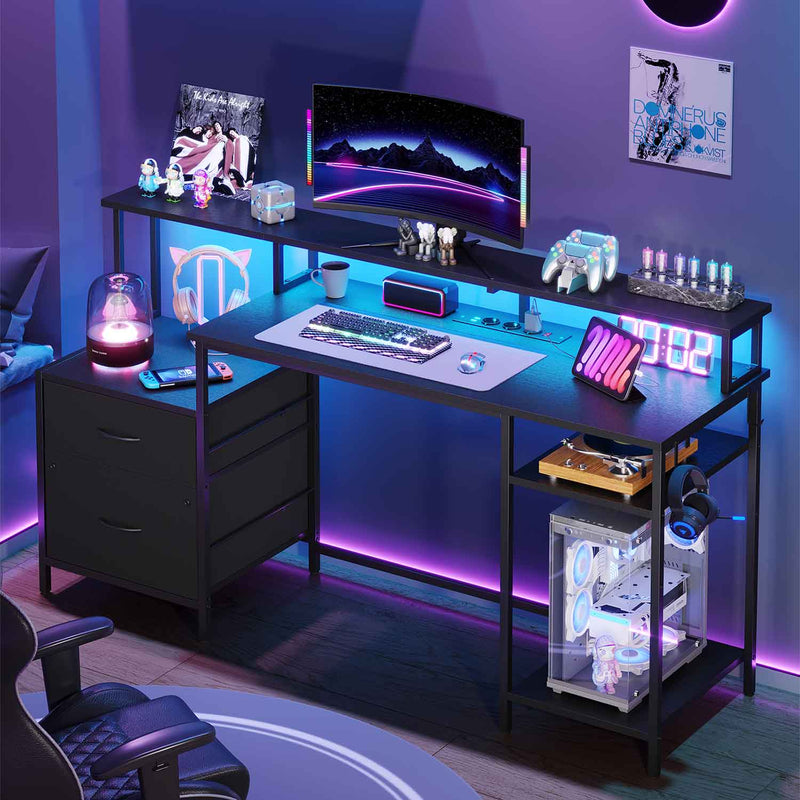 FR.SIKAIC Bureau gaming Noir / Moderne Bureau gaming LED réversible avec multiprises, étagère réglable, 2 tiroirs, support d'imprimante, support de moniteur, Noir