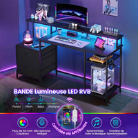 Bureau Gaming LED Réversible avec Multiprises Étagère Réglable 2 Tiroirs support d'imprimante support de Moniteur Noir - FR.SIKAIC