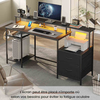 Bureau Gaming LED Réversible avec Multiprises Étagère Réglable 2 Tiroirs support d'imprimante support de Moniteur Noir - FR.SIKAIC