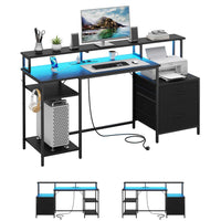 Bureau Gaming LED Réversible avec Multiprises Étagère Réglable 2 Tiroirs support d'imprimante support de Moniteur Noir - FR.SIKAIC