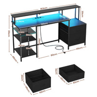 Bureau Gaming LED Réversible avec Multiprises Étagère Réglable 2 Tiroirs support d'imprimante support de Moniteur Noir - FR.SIKAIC