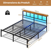 Cadre de Lit avec Sommier à Lattes en Métal Éclairage LED Station de Charge Tête de Lit et Rangement sous le Lit Noir/Marron - FR.SIKAIC